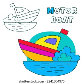 Ilustración vectorial de la página de coloración de embarcaciones de motor, diseño de libros de dibujo para niños
