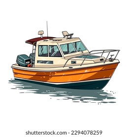 Motor boat for divers or fishermen. Small tourist excursion boat. Cartoon vector illustration. label, sticker, t-shirt printing