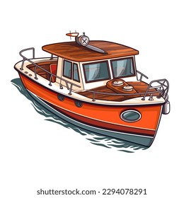 Motor boat for divers or fishermen. Small tourist excursion boat. Cartoon vector illustration. label, sticker, t-shirt printing