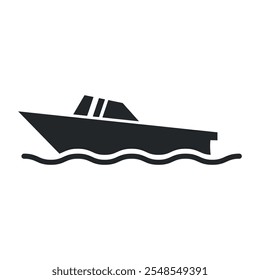 Motor boat floating on water waves black minimalist icon vector flat illustration. Motorboat speedboat marine vessel nautical speed transportation sport engine driving leisure activity