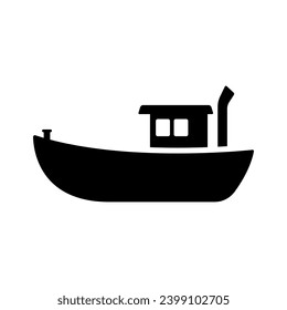 Icono de la lancha motora. Barco pequeño. Silueta negra. Vista lateral. Ilustración gráfica plana vectorial simple. Objeto aislado sobre un fondo blanco. Aislar.