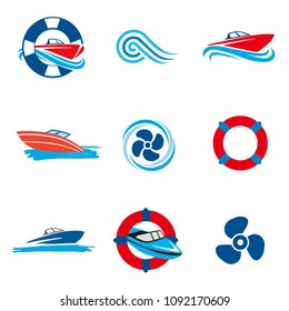 Motor Boat icons. Set of colorful icons with Motor Boats and propellers. Vector available.