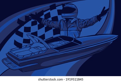 Carrera de barcos a motor con arte piloto de diseño de ilustración de vectores