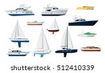 Motor boat and sail boat side view set vector icon. Ship, pleasure boat, speed boat, vessel, cruise ship, luxury yacht