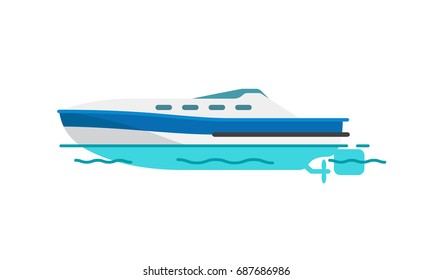 Motor boat or sailboat vector illustration isolated on white. Fishing vessel, speedboat marine nautical type of transport in flat style