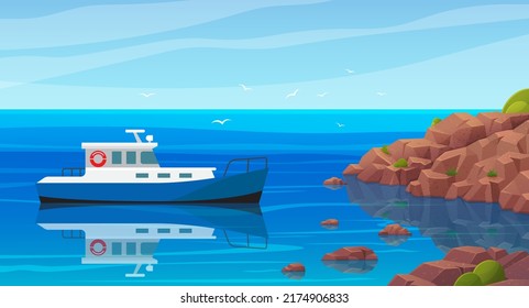 Motor boat sailing along seashore. Traveling on sea tug by sea concept. Sailboat, modern tug on open ocean vector illustration. Motor boat on water in sunny day. Beautiful scenery on ocean and ship