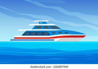 Motor boat sailing along seashore. Traveling on yachts by sea concept. Sailboat, modern yacht on open ocean vector illustration. Motor boat on water in sunny day. Beautiful scenery on ocean and ship