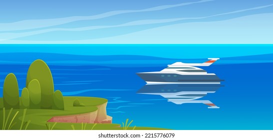 Motor Boat Sailing Along Seashore. Traveling On Yachts By Sea Concept. Sailboat, Modern Yacht On Open Ocean Vector Illustration. Motor Boat On Water In Sunny Day. Beautiful Scenery On Ocean And Ship