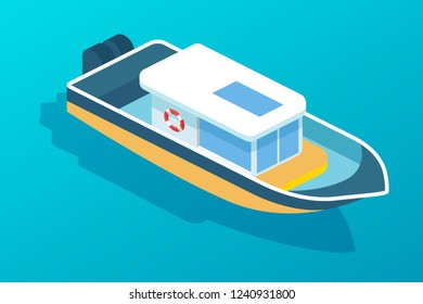 Motor boat, ship with passenger cabin. Water type of transport, boat for travel, recreation, transportation of people, holidays, delivery of small cargo, sea transport. Isometric vector.