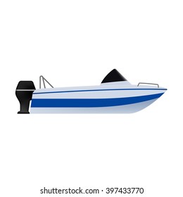 Motor Boat Or Small Boat With Outboard Motor. Sea Or River Ship, Flat Icon. Sea And River Vehicles. Isolated On White Background.