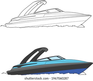 Motor Boat vector drawing transportation learning education cartoon drawing, line art and colored.