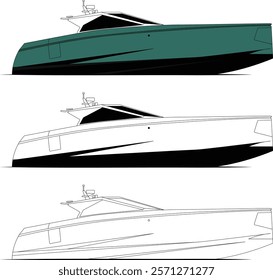 Motor boat vector line art and one color
