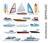 Motor boats catamaran windsurfer and sailboat various types of water transport flat icons set abstract isolated vector illustration