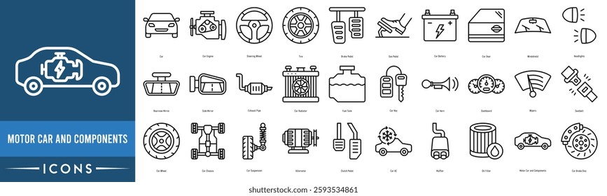 Motor Car and Components icon set. Car, Car Engine, Steering Wheel, Tire, Brake Pedal, Gas Pedal and Car Battery