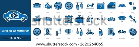 Motor Car and Components icon set. Car, Car Engine, Steering Wheel, Tire, Brake Pedal, Gas Pedal and Car Battery