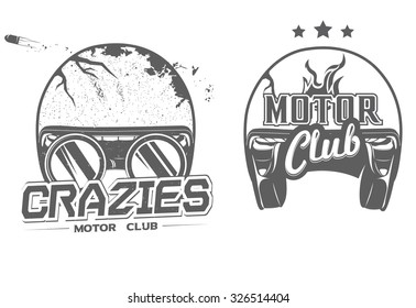 Motor club emblem with biker helmet and round glasses and vintage motor club emblem with biker open helmet, vector illustration