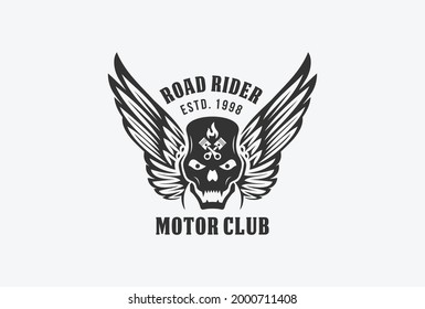 motor club emblem logo design with skull, wing, fire and piston element.