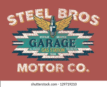 Motor company vintage sign - Artwork for boy wear - Custom colors - distressed effect in separate layer