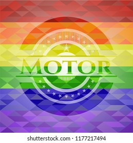Motor emblem on mosaic background with the colors of the LGBT flag