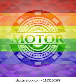 Motor emblem on mosaic background with the colors of the LGBT flag