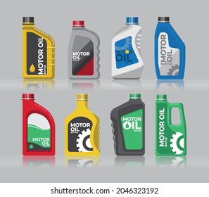 Motor engine oil bottle flat design, grey background collection set