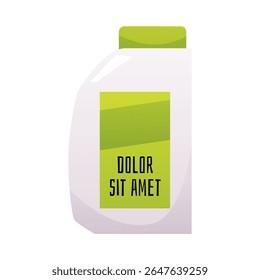 Motor or engine oil canister vector flat icon. Cartoon plastic bottle container with green lid and label for car motor lubricant or fuel isolated on white. Detergents, chemicals jerrycan package