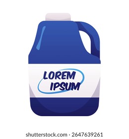 Motor or engine oil canister vector flat icon. Cartoon blue plastic bottle container with lid and label for car motor lubricant or fuel isolated on white. Detergents, chemicals jerrycan package