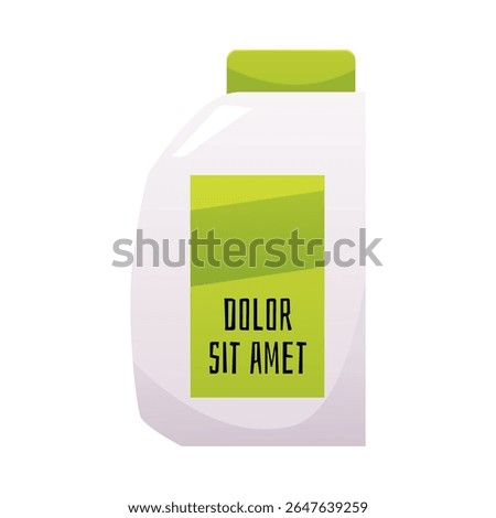 Motor or engine oil canister vector flat icon. Cartoon plastic bottle container with green lid and label for car motor lubricant or fuel isolated on white. Detergents, chemicals jerrycan package