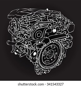Motor. Engine. Vector illustration on a black background, painted by hand.