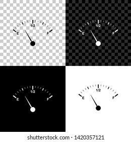 Motor gas gauge icon isolated on black, white and transparent background. Empty fuel meter. Full tank indication. Vector Illustration