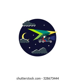 Motor glider in the night sky. Icon in a flat style.