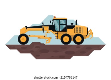 Motor grader construction machinery used in land leveling. Heavy machinery in the construction industry
