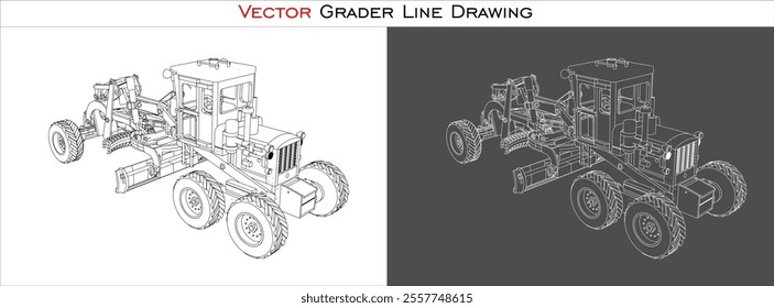 motor grader heavy equipment vector illustration, blueprint technical drawing. isolated on transparent background