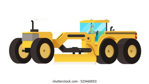 Motor grader. Heavy equipment vehicle isolated color vector illustration.