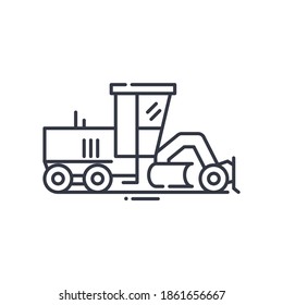 Motor grader icon, linear isolated illustration, thin line vector, web design sign, outline concept symbol with editable stroke on white background.