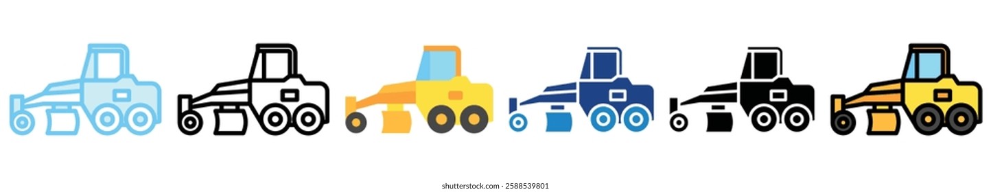 Motor Grader multi style, mini illustration icon. outline, flat, glyph, line color, UI, UX, app and web, digital or print. related to heavy machinery, industry, road construction theme