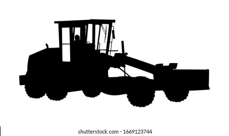 Motor grader. Road grader vector silhouette isolated on white. Earth 
moving machine. Leveling ground on construction site. Asphalt bulldozer 
truck. Hard worker driver on heavy industrial machine.