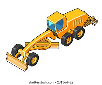 Motor grader with second blade vector color illustration. Isolated isometric view icon