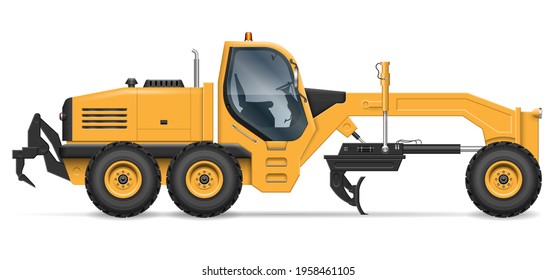 Motor grader vector illustration view from side isolated on white background. Construction and mining vehicle mockup. All elements in the groups for easy editing and recolor