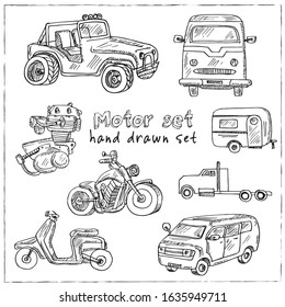 Motor hand drawn doodle set. Vector illustration. Isolated elements on white background. Symbol collection.