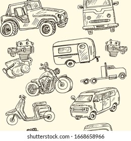 Motor hand drawn doodle set. Vector illustration. Isolated elements on white background. Symbol collection.