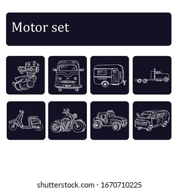 Motor hand drawn doodle set. Vector illustration. Isolated elements on white background. Symbol collection.