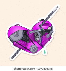 Motor heart pierced with a drill (like an Cupid's arrow) in the style of steampunk. Sticker for messenger or others. Vector illustration.