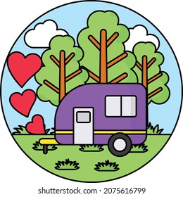 Motor home in Forest with flying hearts Concept, Wildlife tourism and travel Vector Icon Design, Nature Love Symbol, Artistic landforms Scenes Sign, Heart in nature Stock illustration, Beautiful Lands