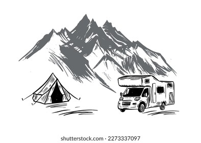Motor home, Mountain landscape, Camping in nature, hand drawn style vector illustrations.