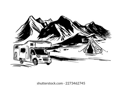 Motor home, Mountain landscape, Camping in nature, hand drawn style vector illustrations.