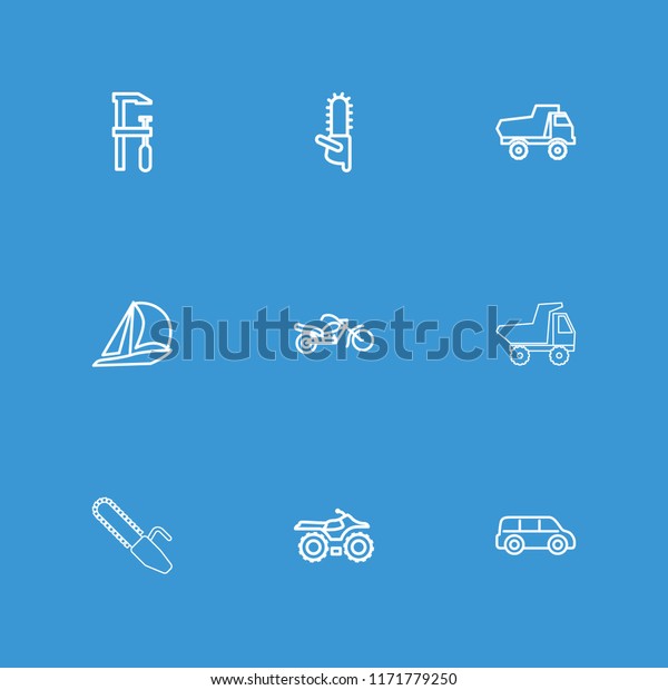 Motor icon. collection of 9 motor outline\
icons such as toy car, chainsaw, sailboat, motorcycle, car.\
editable motor icons for web and\
mobile.