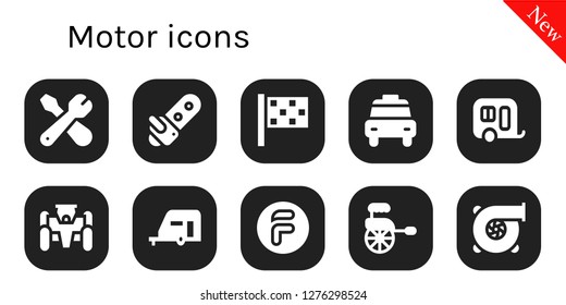 motor icon set. 10 filled motor icons. Simple modern icons about  - Repair, Chainsaw, Finish flag, Taxi, Caravan, Race car, Flipdrive, Rickshaw, Turbo