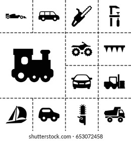 Motor icon. set of 13 filled motoricons such as forklift, toy car, train toy, car, chainsaw, plowing tool, chain saw, sport car, sailboat