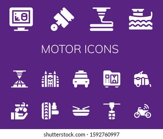 motor icon set. 14 filled motor icons. Included 3d print, Pistons, 3d printer, Boat, Motorbike, Suspension, Monaco, Taxi, Caravan icons